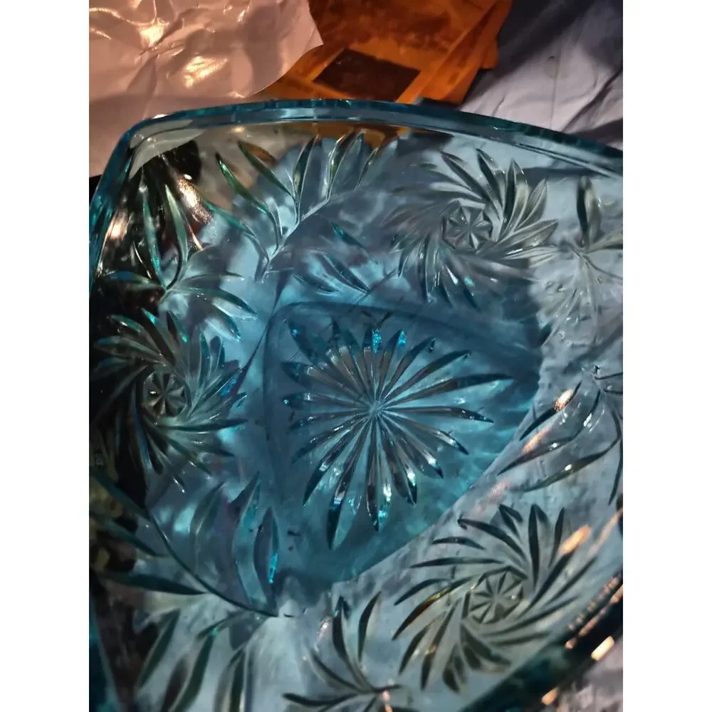 Hazel Atlas Glass Blue Footed Candy Dish with Lid Pinwheel Stars Vintage